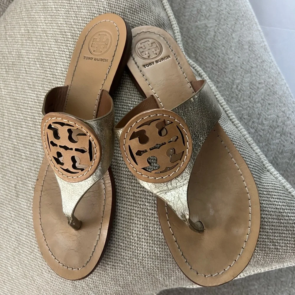 Tory Burch Metallic Gold and Tan Sandals